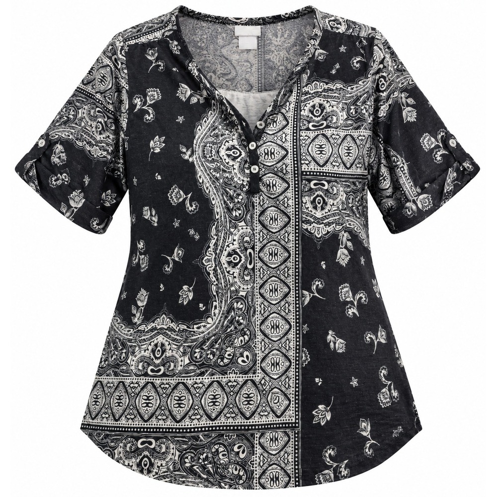 Chicos Black White Paisley Henley Tunic Top XL 3 Roll Tab Sleeve Cotton Modal